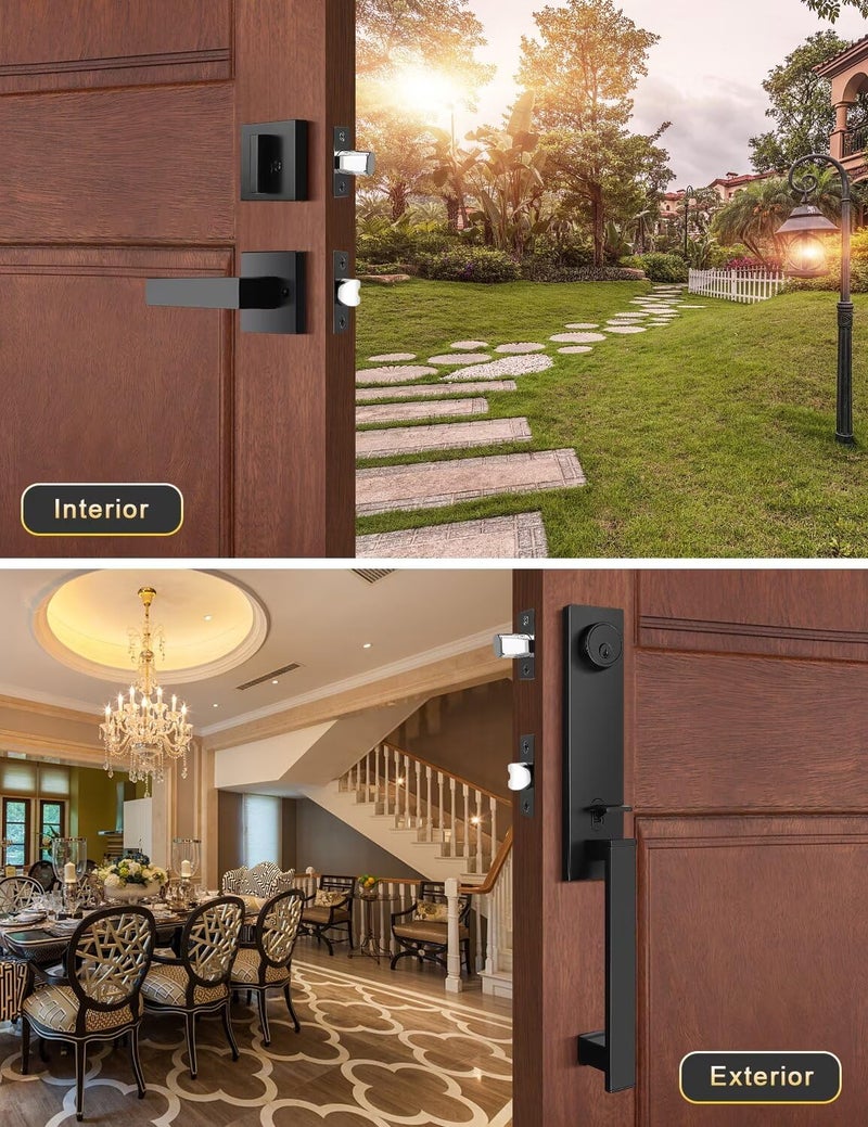 Tinewa 2 Pack Full Escutcheon HandleSet Front Door Entry Handle and Deadbolt Lock Set Slim Square Single Cylinder Deadbolt and Lever Heavy Duty - Matte Black Finish - Image 2